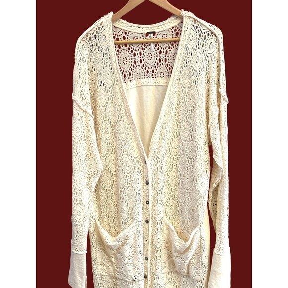 Free People Cream Bohemian Runaway Cardi Cardigan Size L Festival Duster Raw Hem - Picture 2 of 8